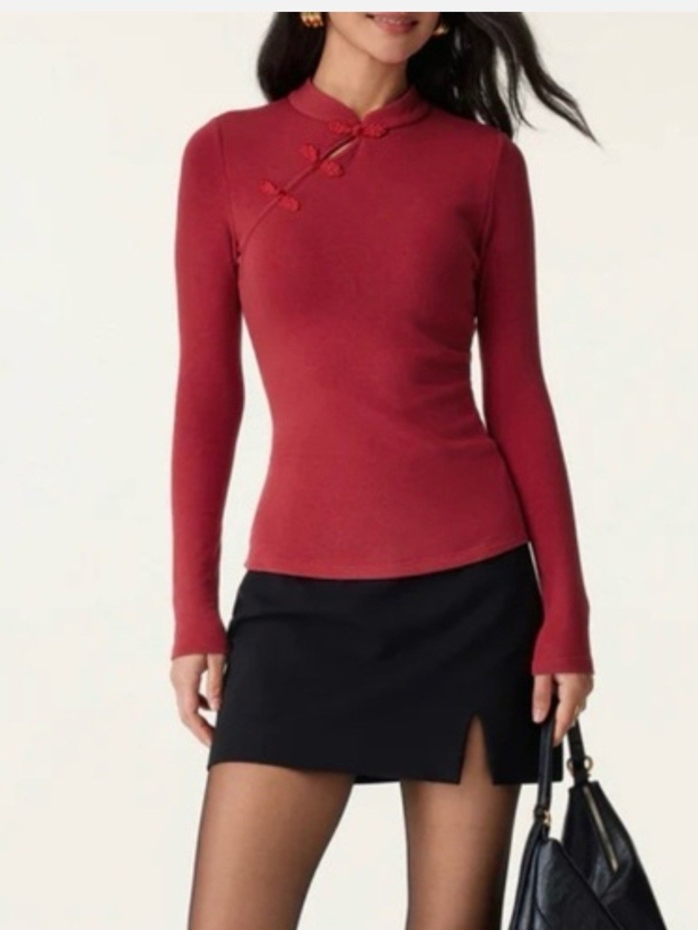 OGL Red Mandarin-Collar Long Sleeve Top